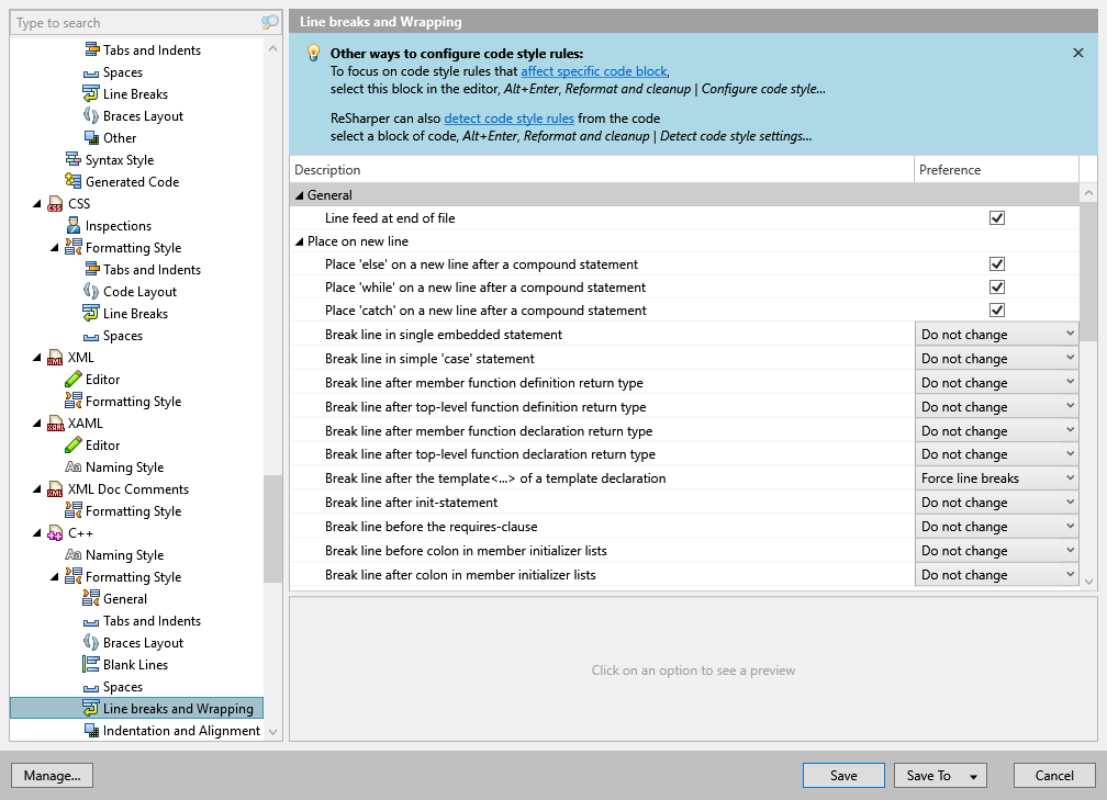 ReSharper options: Code Editing | C++ | Formatting Style | Line Breaks and Wrapping