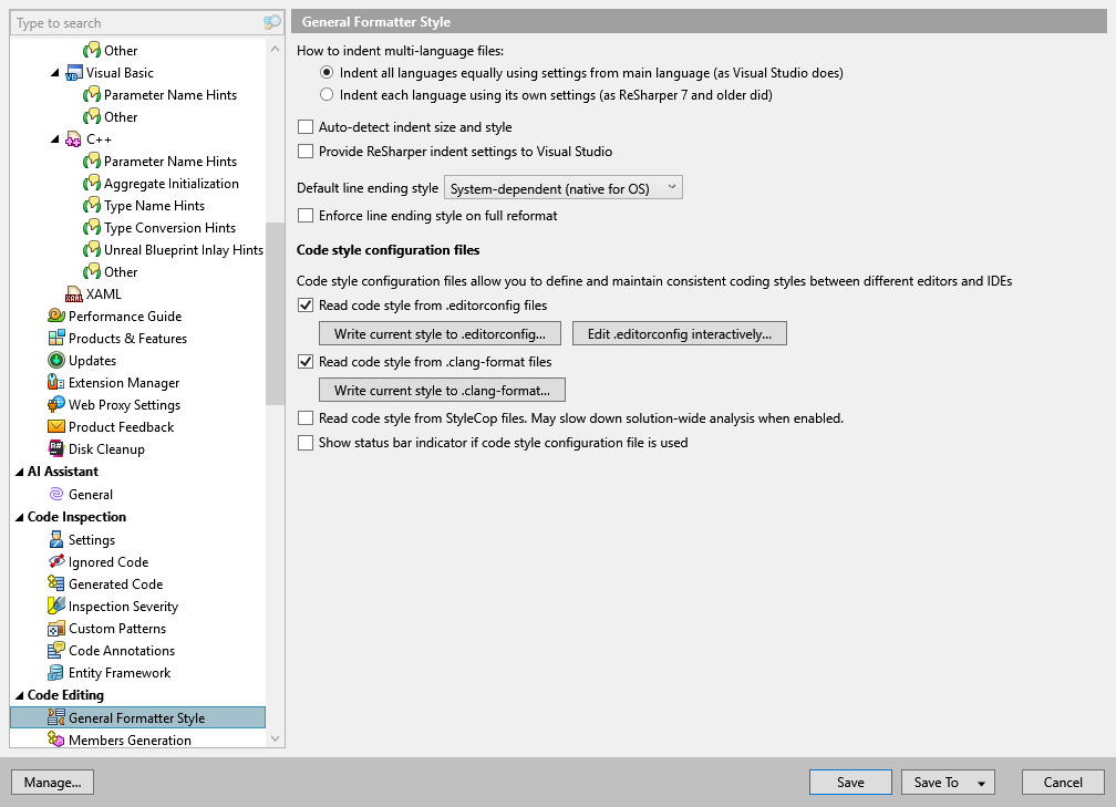 ReSharper options: Code Editing | General Formatter Style