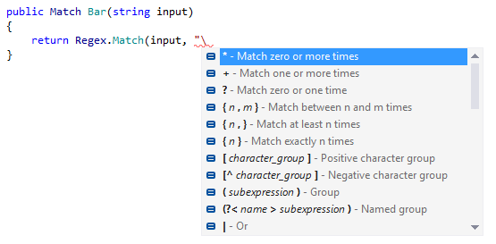 Code completion in regular expressions