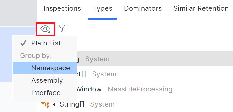 Types view grouping