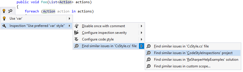 ReSharper：使用操作列表查找类似问题