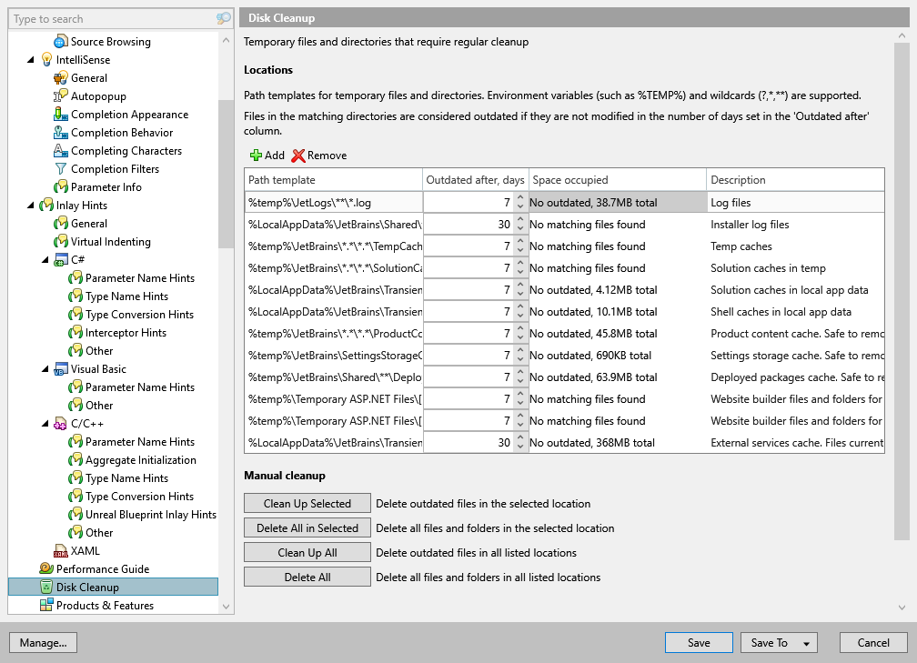 ReSharper 选项：环境 | 磁盘清理