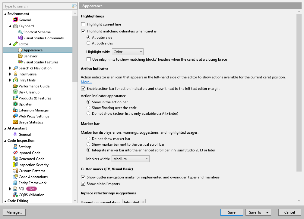 ReSharper 选项：环境 | 编辑器 | 外观