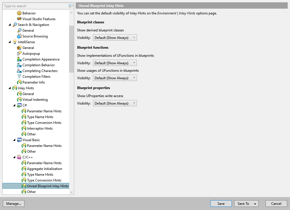 ReSharper 选项:Environment | Inlay Hints | C/C++ | Unreal Blueprint 内联提示 ReSharper 选项:Environment | Inlay Hints | C/C++ | Unreal Blueprint 内联提示