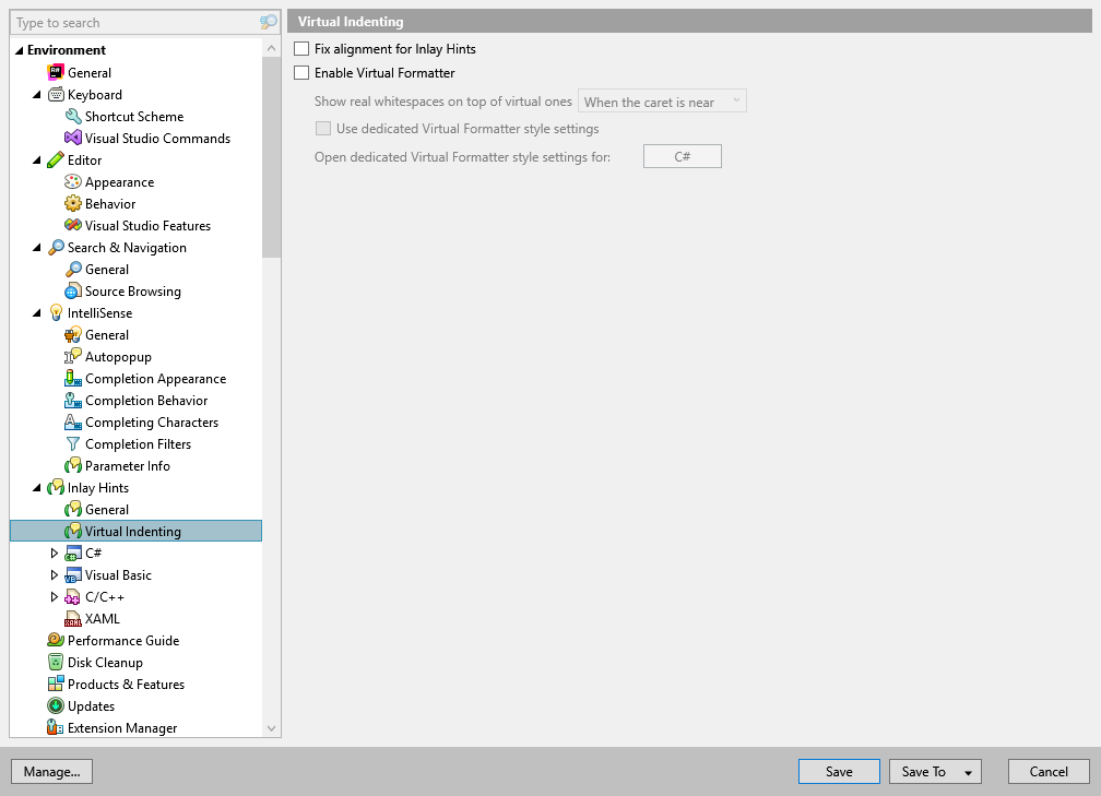 ReSharper 选项：环境 | 内嵌提示 | 虚拟缩进