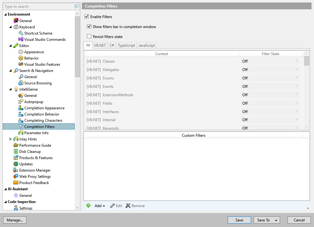 ReSharper 选项：Environment | IntelliSense | Completion Filters