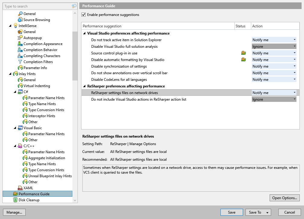 ReSharper 选项：环境 | 性能指南