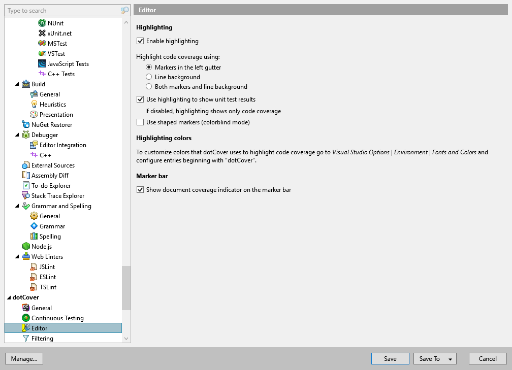 dotCover 选项：dotCover | 编辑器