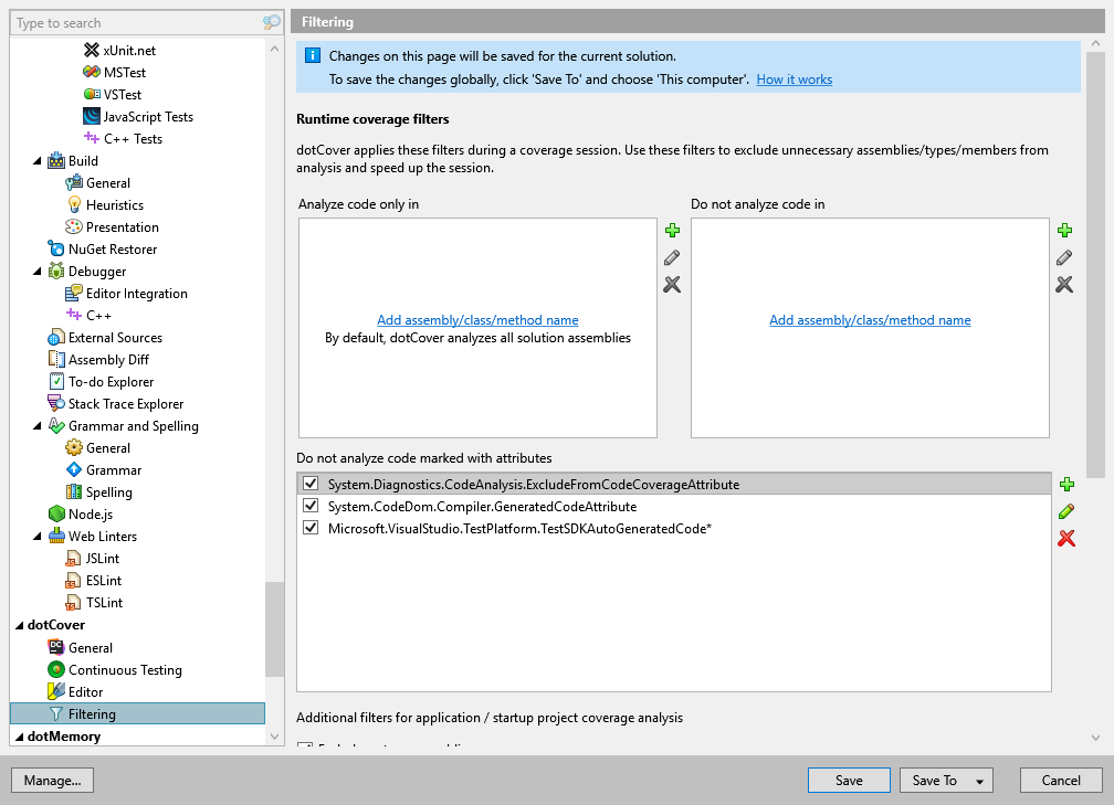 dotCover 选项：dotCover | 过滤