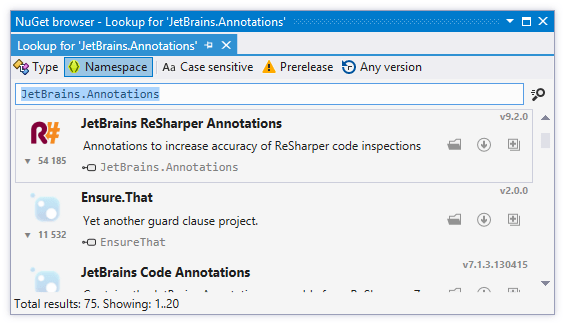 ReSharper 的 NuGet 包浏览器