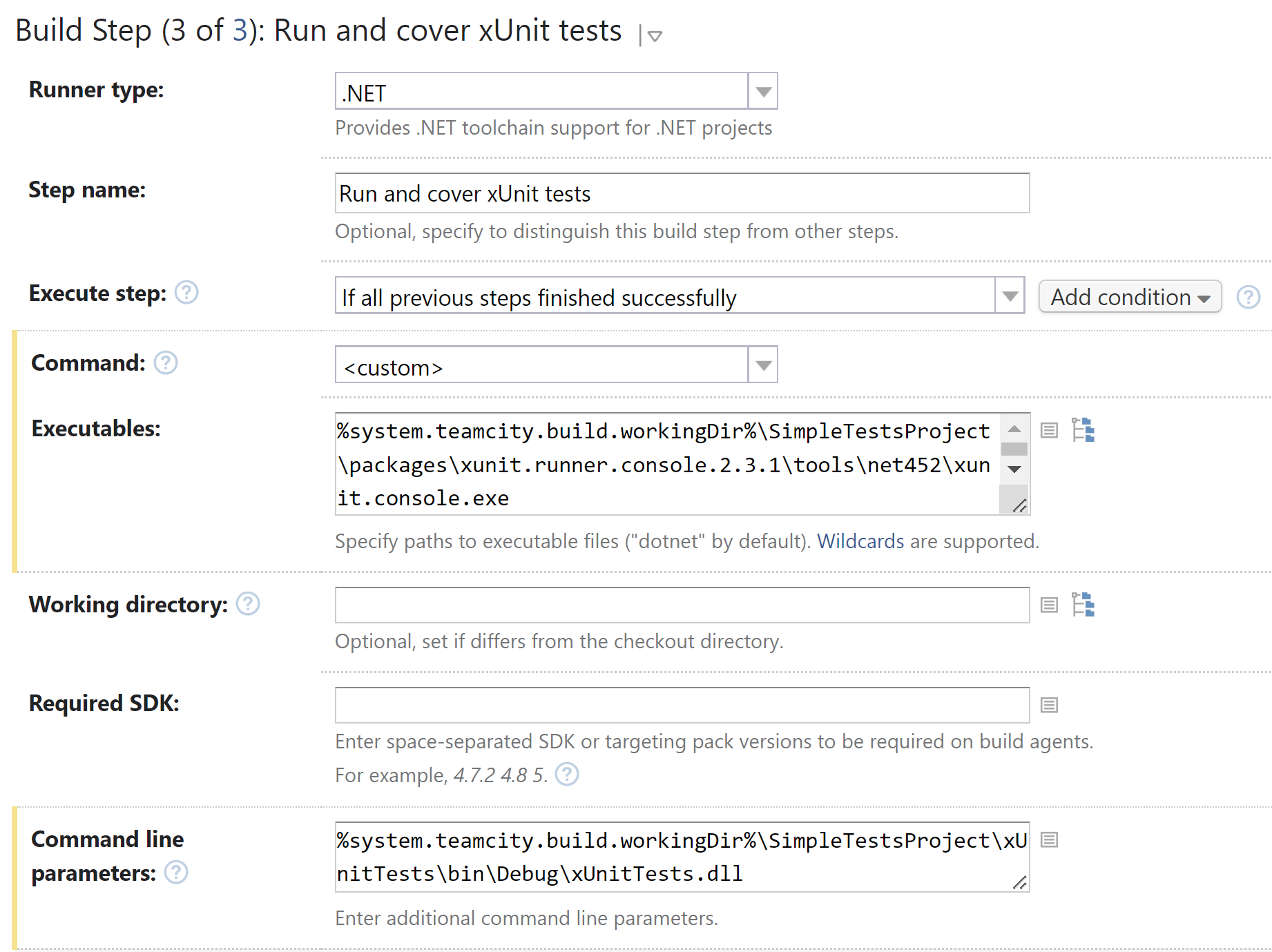 TeamCity 构建步骤。 运行并覆盖