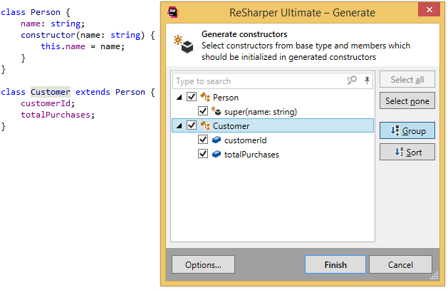 ReSharper。 为 TypeScript 类生成构造函数
