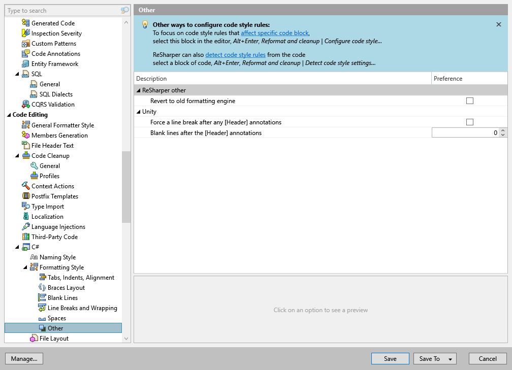 ReSharper options: Code Editing | C# | Formatting Style | Other