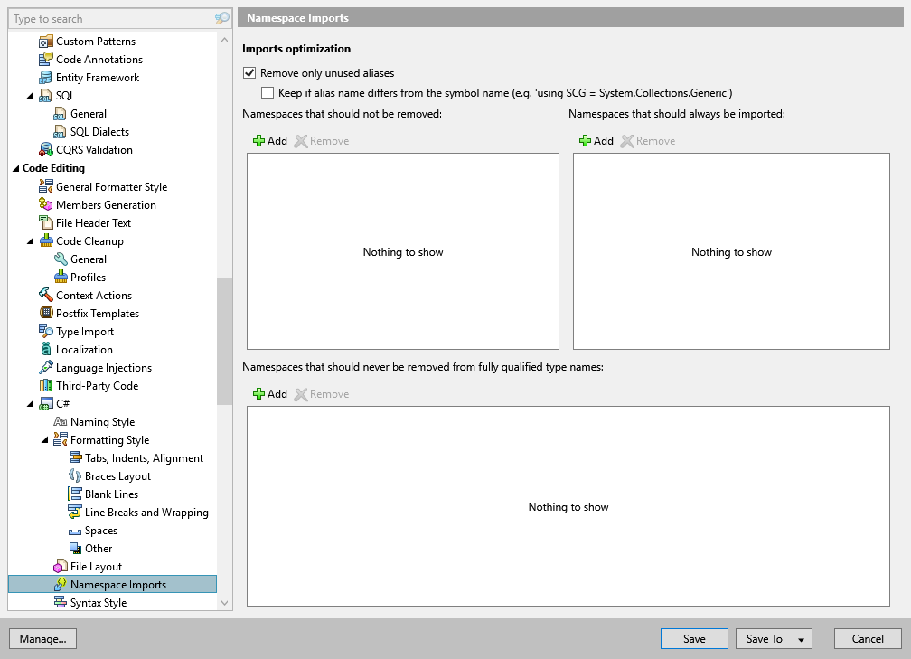 ReSharper options: Code Editing | C# | Namespace Imports
