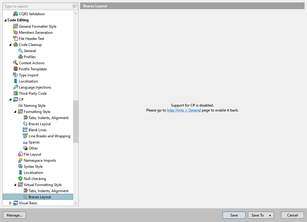ReSharper options: Code Editing | C# | Virtual Formatting Style | Braces Layout