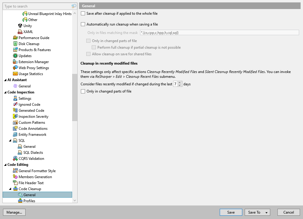 ReSharper options: Code Editing | Code Cleanup | General