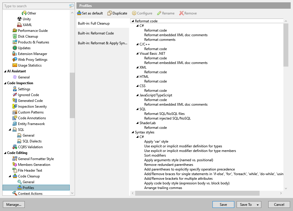 ReSharper options: Code Editing | Code Cleanup | Profiles