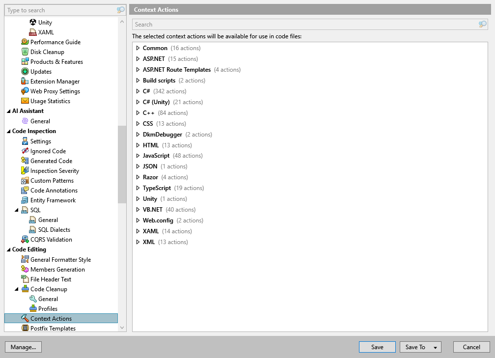 ReSharper options: Code Editing | Context Actions