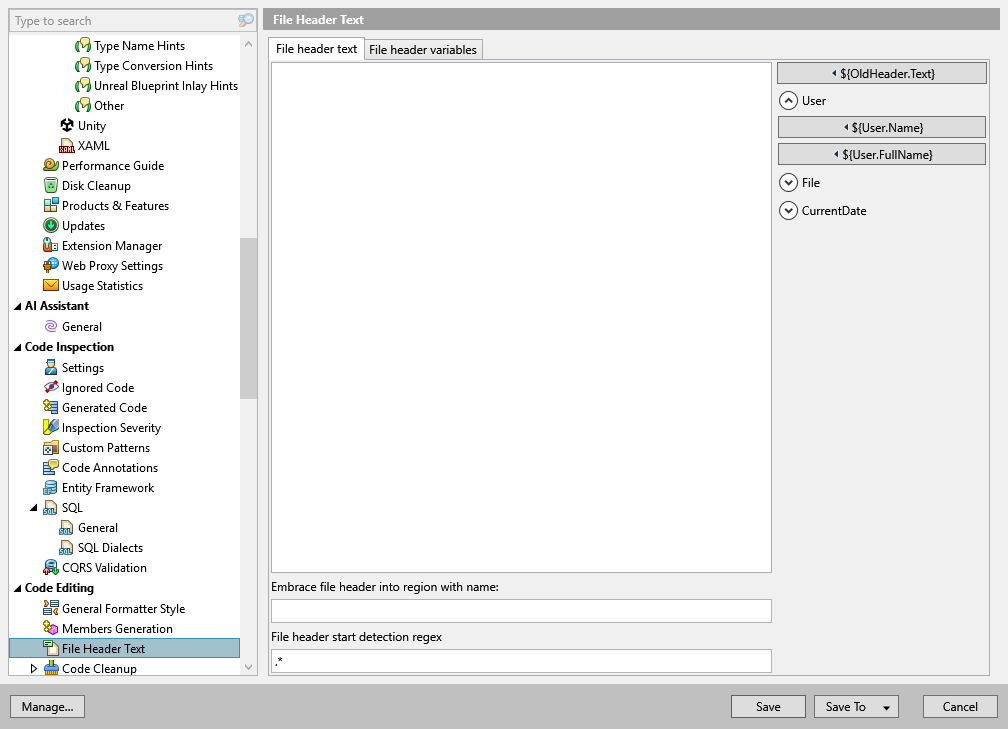 ReSharper options: Code Editing | File Header Text