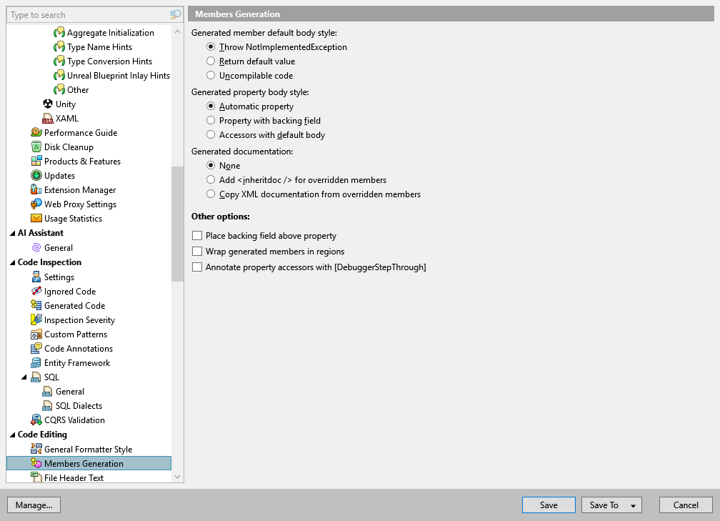 ReSharper options: Code Editing | Members Generation