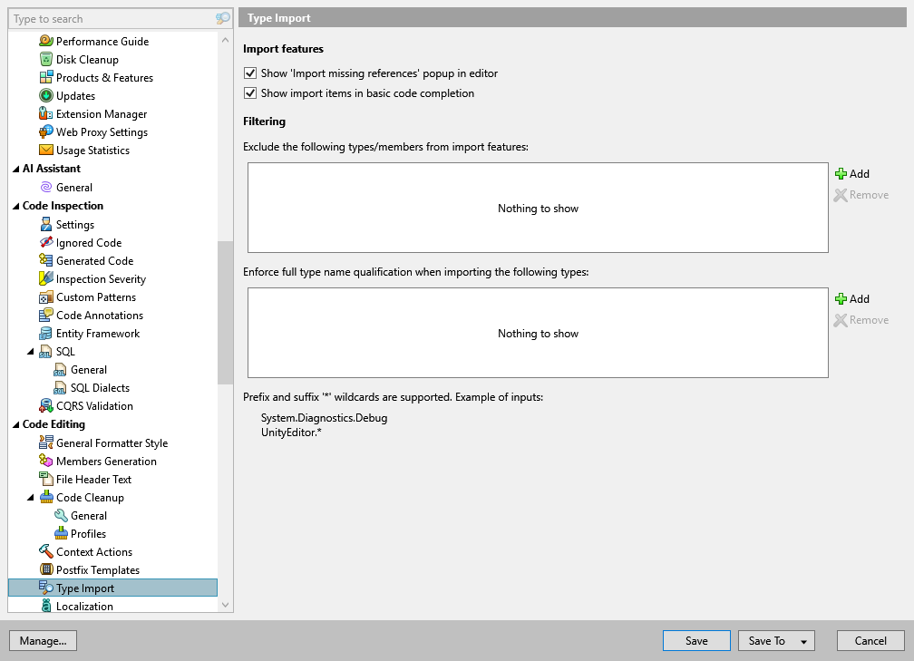 ReSharper options: Code Editing | Type Import