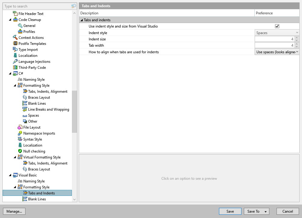 ReSharper 选项：代码编辑 | Visual Basic | 格式化样式 | 制表符和缩进