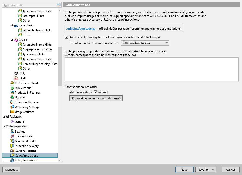 ReSharper options: Code Inspection | Code Annotations