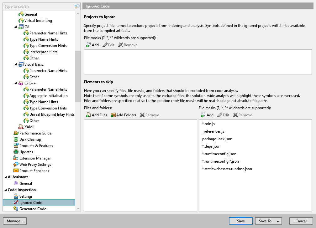 ReSharper options: Code Inspection | Ignored Code
