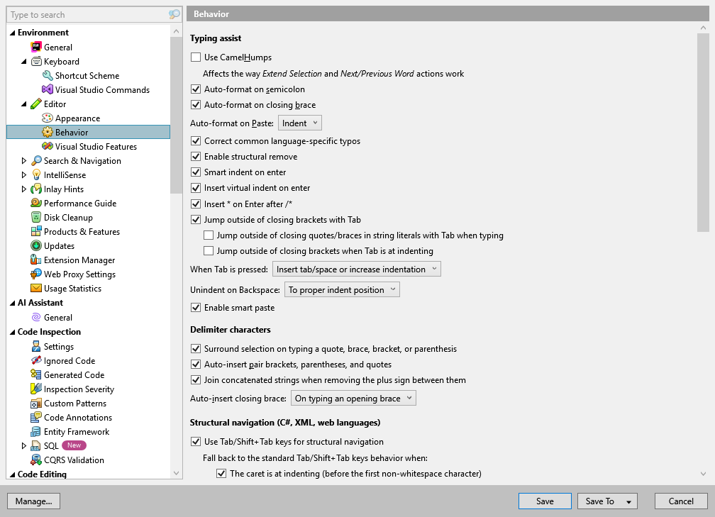 ReSharper options: Environment | Editor | Behavior