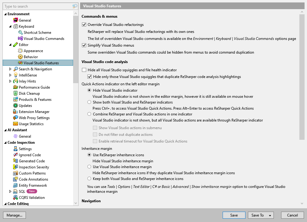 ReSharper options: Environment | Editor | Visual Studio Features