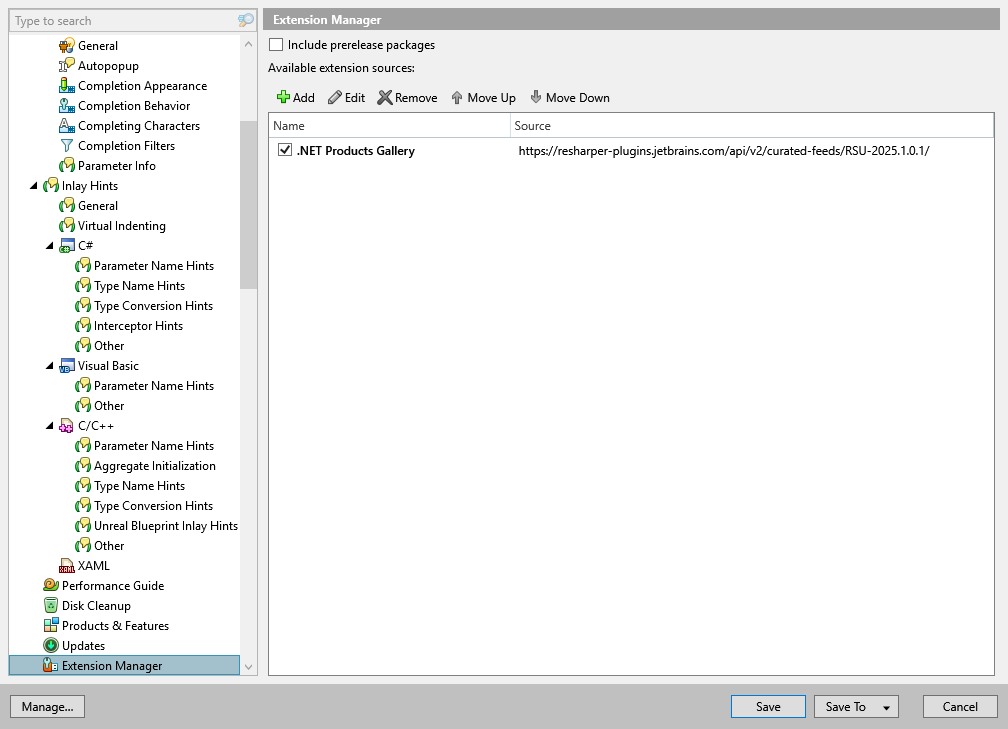ReSharper options: Environment | Extension Manager