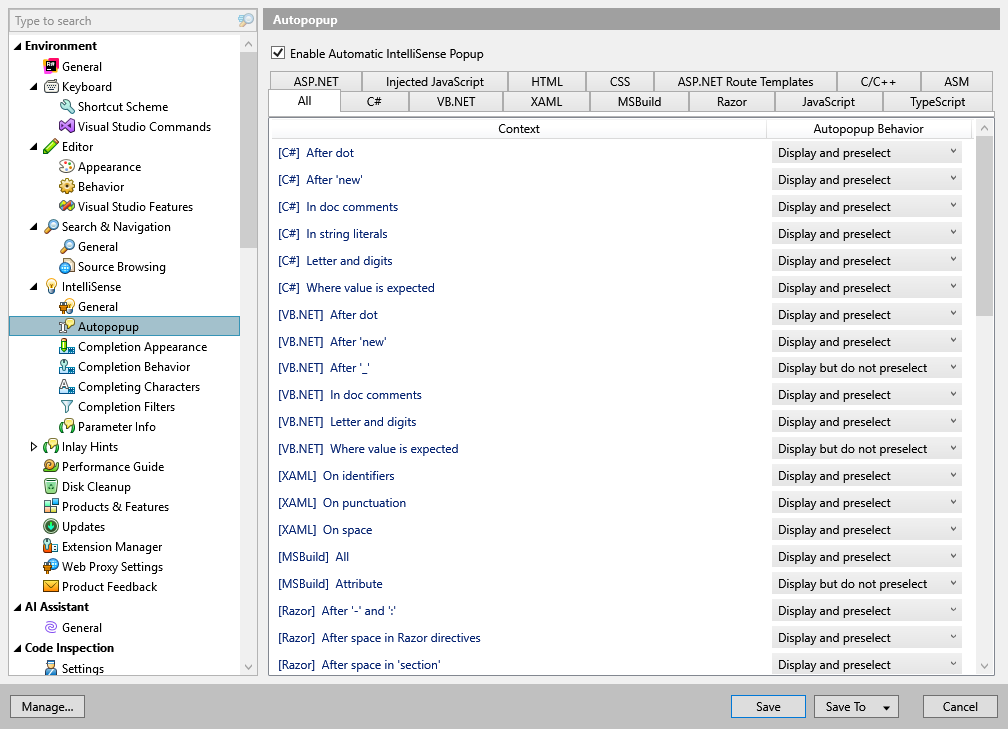 ReSharper options: Environment | IntelliSense | Autopopup