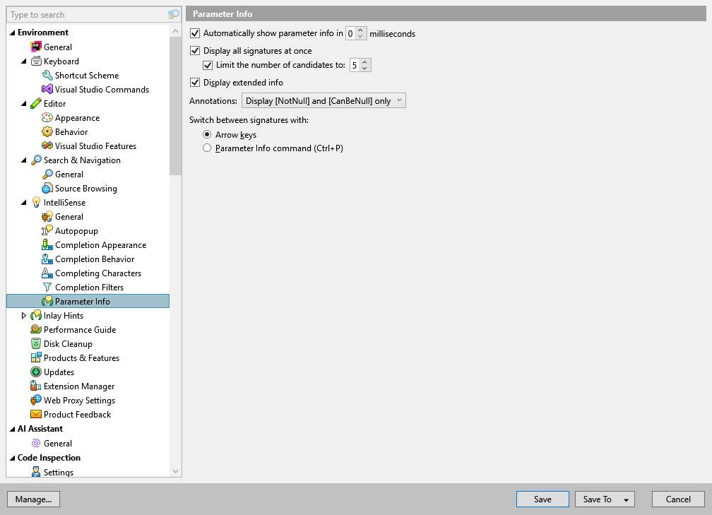 ReSharper options: Environment | IntelliSense | Parameter Info