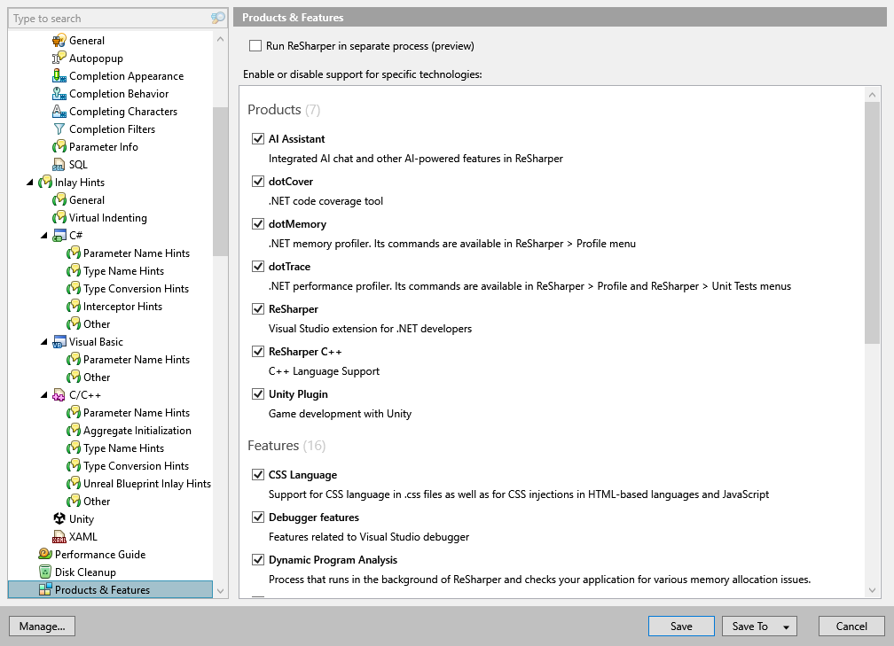 ReSharper options: Environment | Products & Features