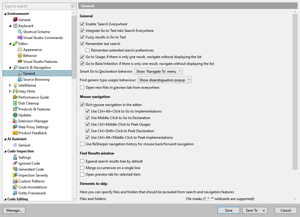 ReSharper options: Environment | Search & Navigation | General