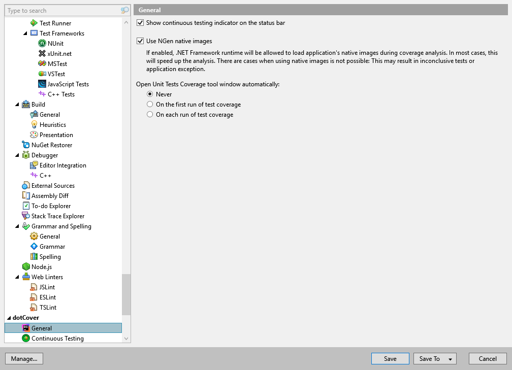 dotCover options: dotCover | General