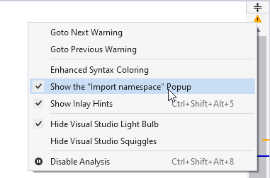 ReSharper: Choosing import popup mode from the context menu of the file status indicator ReSharper: Choosing import popup mode from the context menu of the file status indicator