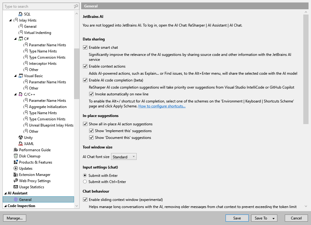 ReSharper options: AI Assistant | General