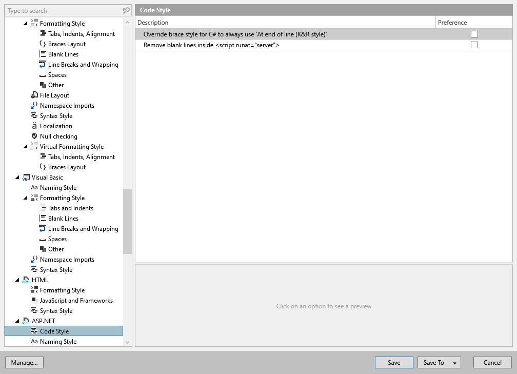 ReSharper 选项：代码编辑 | ASP.NET | 代码样式