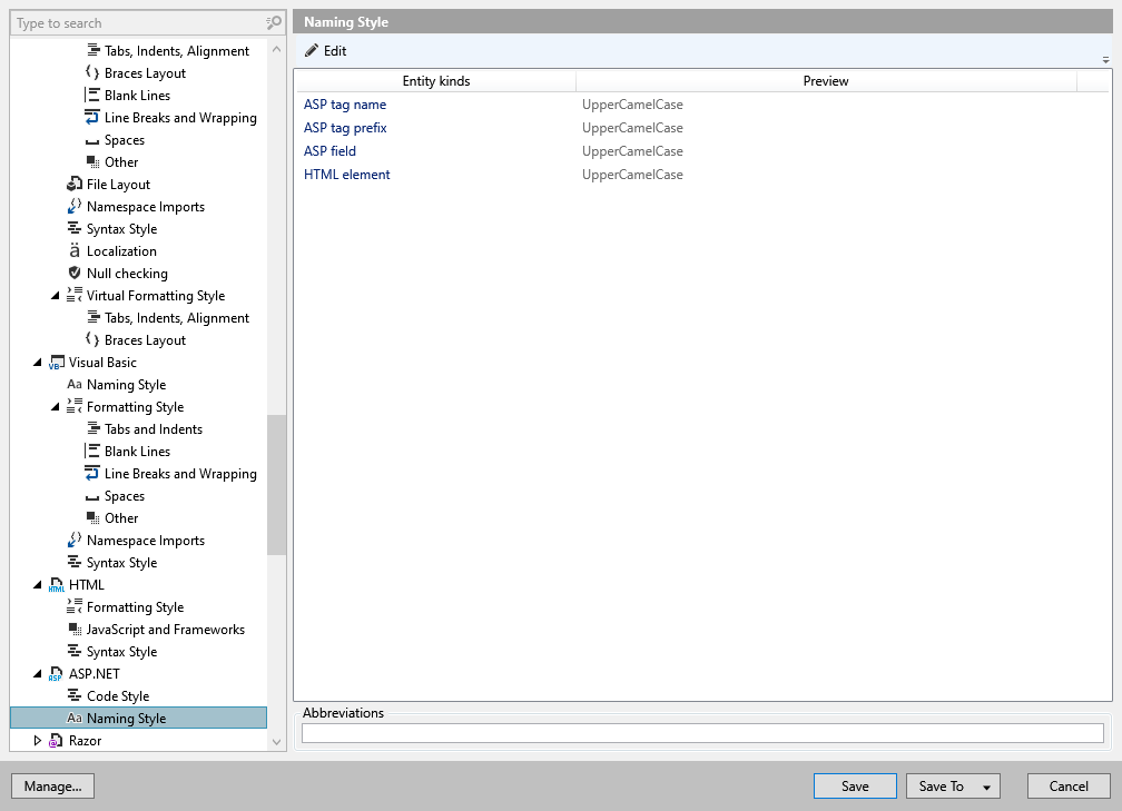 ReSharper 选项：代码编辑 | ASP.NET | 命名样式