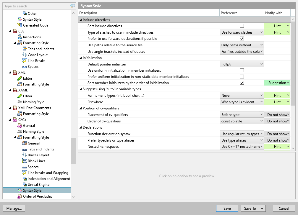 ReSharper options: Code Editing | C++ | Syntax Style ReSharper options: Code Editing | C++ | Syntax Style