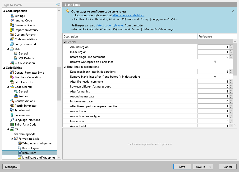 ReSharper options: Code Editing | C# | Formatting Style | Blank Lines