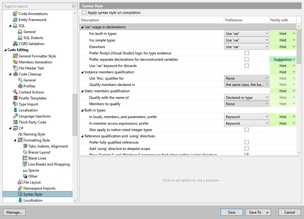 ReSharper options: Code Editing | C# | Syntax Style