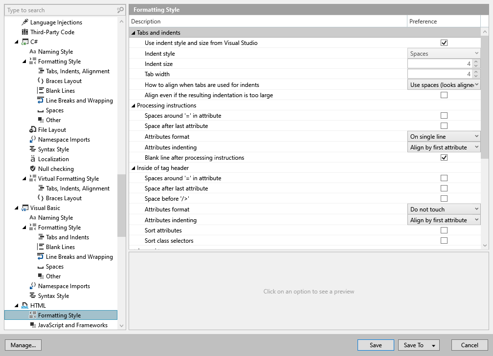 ReSharper 选项：代码编辑 | HTML | 格式化样式