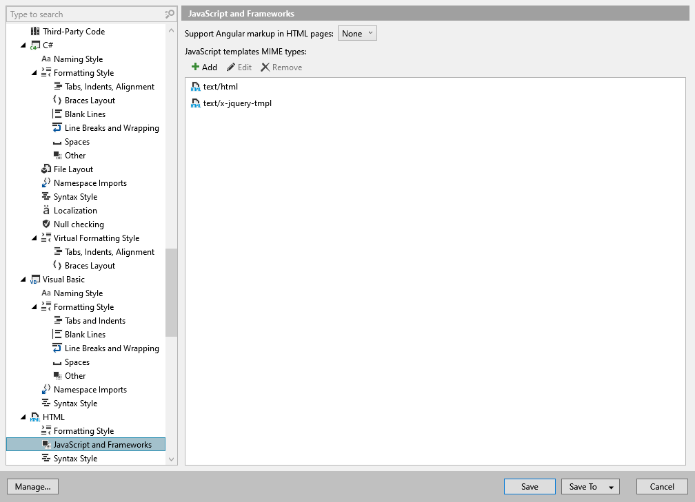 ReSharper 选项：代码编辑 | HTML | JavaScript 和框架