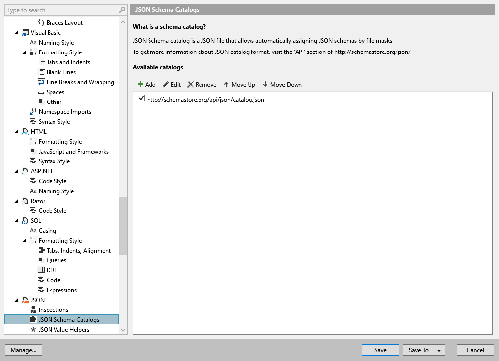 ReSharper 选项：代码编辑 | JSON | JSON 模式目录