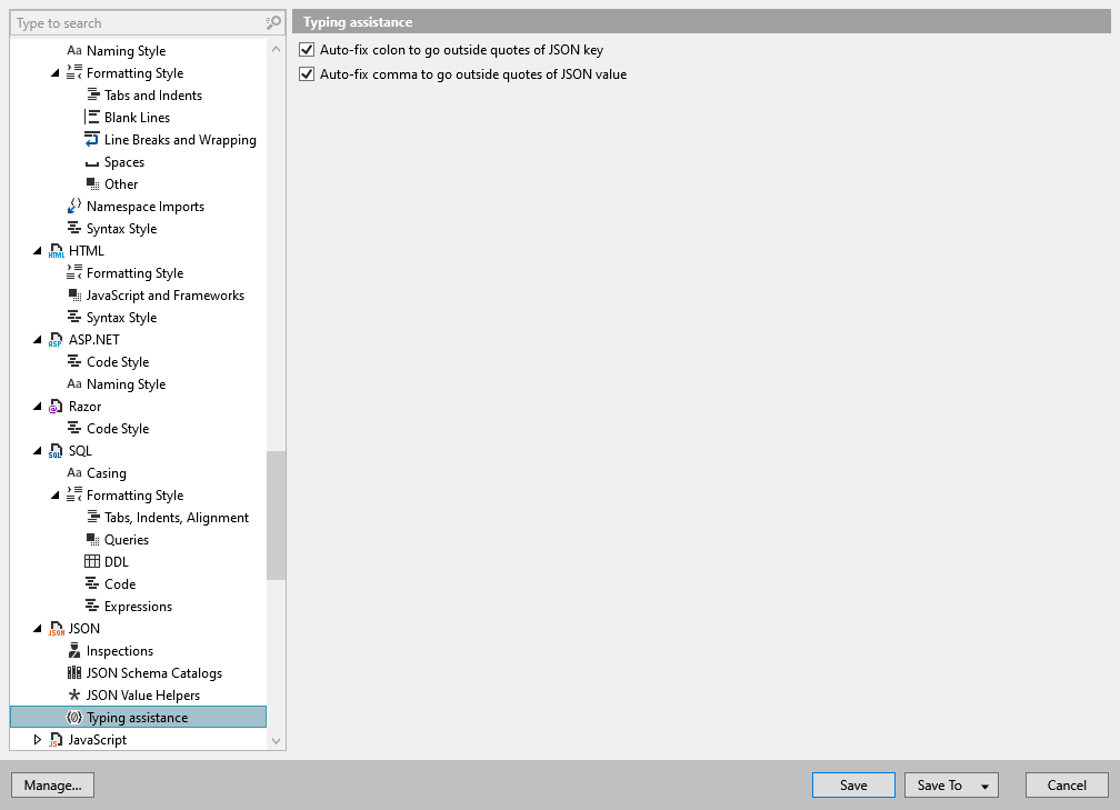 ReSharper 选项：代码编辑 | JSON | 输入辅助