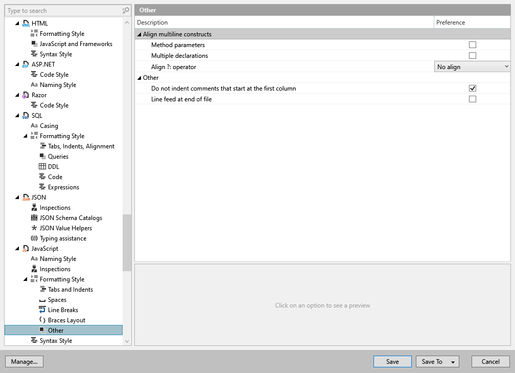 ReSharper 选项：代码编辑 | JavaScript | 格式化样式 | 其他