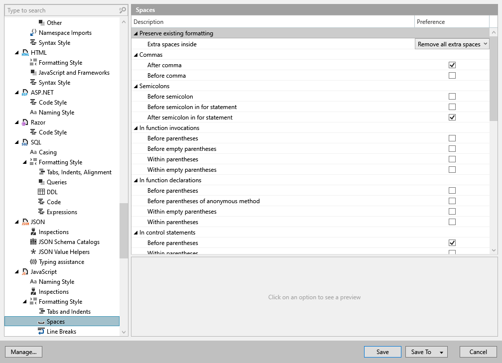 ReSharper 选项：代码编辑 | JavaScript | 格式化样式 | 空格