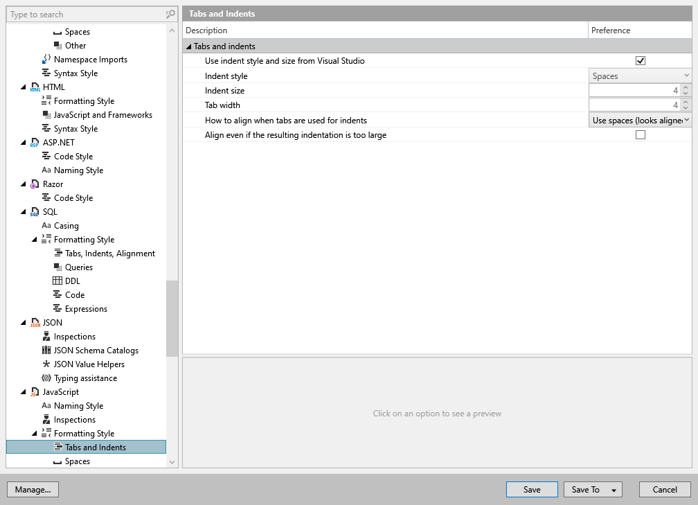 ReSharper 选项：代码编辑 | JavaScript | 格式化样式 | 制表符和缩进